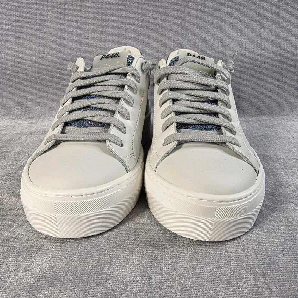 P448 Thea Sneakers Women's 38 White‎ Leather Purple Glitter Multi 7.5 NIB $298
